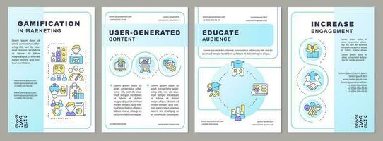 Gamification in marketing blue gradient brochure template. Leaflet design with linear icons. 4 vector layouts for presentation, annual reports