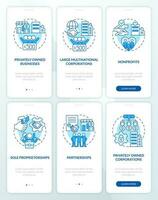 Private sector companies types blue onboarding mobile app screens set. Walkthrough 3 steps editable graphic instructions with linear concepts. UI, UX, GUI templated vector