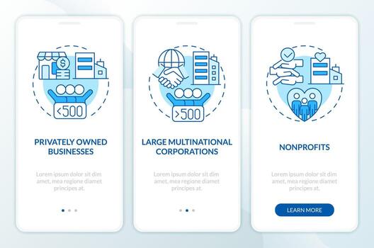 empresas en privado sector azul inducción móvil aplicación pantalla. recorrido 3 pasos editable gráfico instrucciones con lineal conceptos. ui, ux, gui plantilla vector