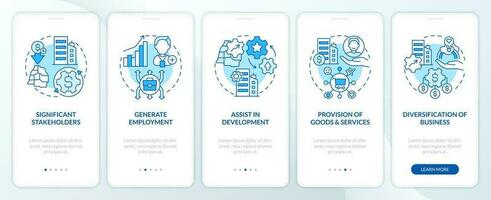 Private sector role blue onboarding mobile app screen. Commerce walkthrough 5 steps editable graphic instructions with linear concepts. UI, UX, GUI templated vector