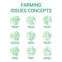 Agronomy issues green gradient concept icons set. Agriculture business problem. Challenges farmers face idea thin line color illustrations. Isolated symbols vector