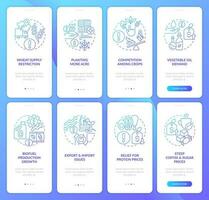 Agriculture problems blue gradient onboarding mobile app screen set. Farming walkthrough 4 steps graphic instructions with linear concepts. UI, UX, GUI templated vector