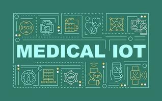 Medical internet of things word concepts dark green banner. Data base. Infographics with editable icons on color background. Isolated typography. Vector illustration with text