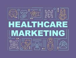 Healthcare marketing word concepts dark purple banner. Medical strategy. Infographics with editable icons on color background. Isolated typography. Vector illustration with text