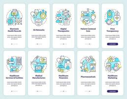 Healthcare trends onboarding mobile app screen set. Key segments walkthrough 5 steps editable graphic instructions with linear concepts. UI, UX, GUI templated vector