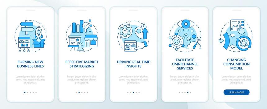 Business digital transformation blue onboarding mobile app screen. Walkthrough 5 steps editable graphic instructions with linear concepts. UI, UX, GUI templated vector