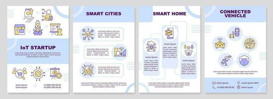 IoT startup purple brochure template. Future business ideas. Leaflet design with linear icons. Editable 4 vector layouts for presentation, annual reports