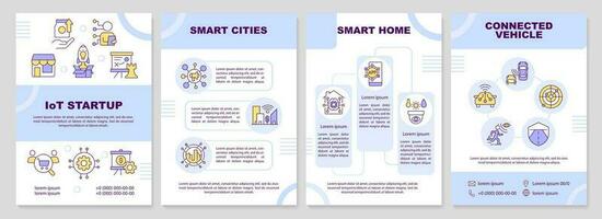 IoT startup purple brochure template. Future business ideas. Leaflet design with linear icons. Editable 4 vector layouts for presentation, annual reports