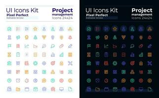 Project management pixel perfect glass morphism ui icons set for dark, light mode. GUI, UX design. Vector isolated pictograms with transparency. Editable stroke