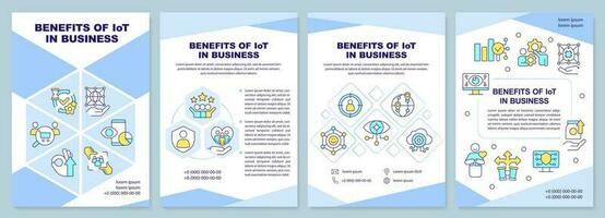 IoT benefits in business blue brochure template. Innovation. Leaflet design with linear icons. Editable 4 vector layouts for presentation, annual reports