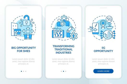 IoT business rebuild blue onboarding mobile app screen. Benefits walkthrough 3 steps editable graphic instructions with linear concepts. UI, UX, GUI templated vector