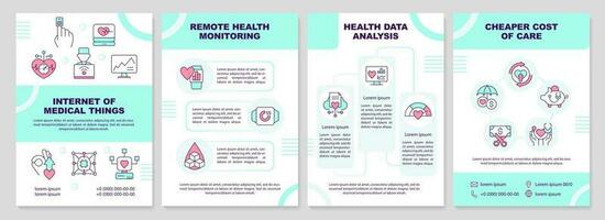 Internet of medical things turquoise brochure template. Leaflet design with linear icons. Editable 4 vector layouts for presentation, annual reports