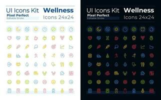 Healthcare and fitness pixel perfect glass morphism ui icons set for dark, light mode. GUI, UX design. Vector isolated pictograms with transparency. Editable stroke