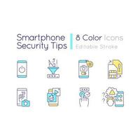 Smartphone security tips RGB color icons set. Strong login data. Cybersecurity Isolated vector illustrations. Simple filled line drawings collection. Editable stroke used