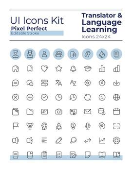 Translator pixel perfect linear ui icons set. Language learning. Communication. Machine translation. Outline isolated user interface elements. Editable stroke vector