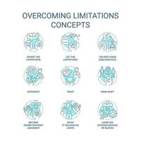 Overcoming limitations turquoise concept icons set. Self growth. Remove inner fears idea thin line color illustrations. Isolated symbols. Editable stroke vector