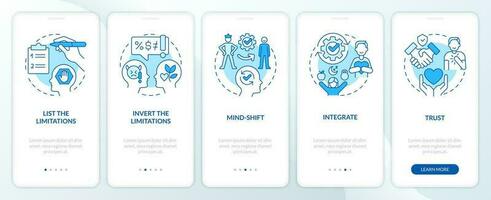 Removing personal limitations tips blue onboarding mobile app screen. Walkthrough 5 steps editable graphic instructions with linear concepts. UI, UX, GUI templated vector