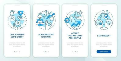 Overcoming impostor feelings tips blue onboarding mobile app screen. Walkthrough 4 steps editable graphic instructions with linear concepts. UI, UX, GUI templated vector