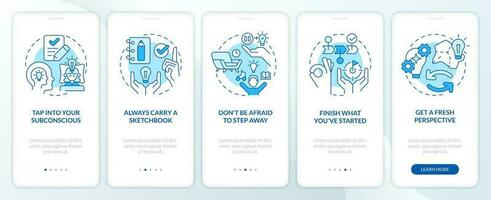 Remove barriers to inspiration tips blue onboarding mobile app screen. Walkthrough 5 steps editable graphic instructions with linear concepts. UI, UX, GUI templated vector