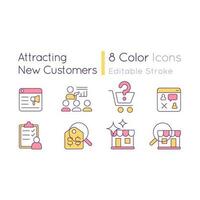 Attracting new customers RGB color icons set. Getting clients for business. Isolated vector illustrations. Simple filled line drawings collection. Editable stroke used