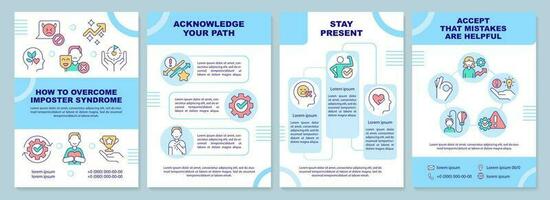 How to overcome imposter syndrome blue brochure template. Leaflet design with linear icons. Editable 4 vector layouts for presentation, annual reports