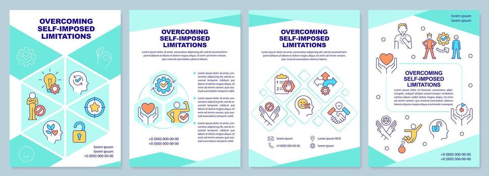 Overcoming self imposed limitations brochure template. Leaflet design with linear icons. Editable 4 vector layouts for presentation, annual reports