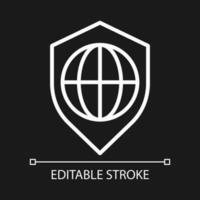 Global security pixel perfect white linear icon for dark theme. Worldwide cybersecurity. World protection. Thin line illustration. Isolated symbol for night mode. Editable stroke vector