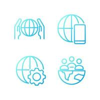 Globalization process pixel perfect gradient linear vector icons set. Worldwide network. International connection. Thin line contour symbol designs bundle. Isolated outline illustrations collection