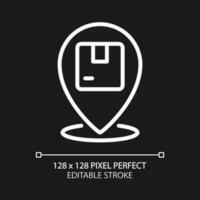 Deliver to location pixel perfect white linear icon for dark theme. Courier service. Parcel shipment. Thin line illustration. Isolated symbol for night mode. Editable stroke vector