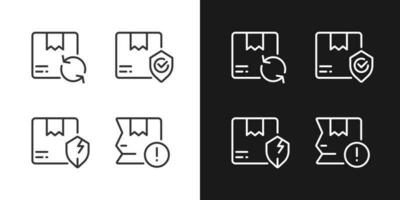 Delivery features and issues pixel perfect white linear icon for dark themes set for dark, light mode. Parcel damage. Thin line symbols for night, day theme. Isolated illustrations. Editable stroke vector