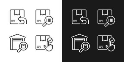 Parcels management pixel perfect white linear icon for dark themes set for dark, light mode. Goods tracking. Thin line symbols for night, day theme. Isolated illustrations. Editable stroke vector