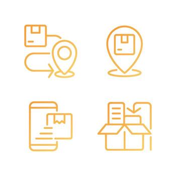 Delivery stages pixel perfect gradient linear vector icons set. Order goods. Packaging and shipment. Receive box. Thin line contour symbol designs bundle. Isolated outline illustrations collection
