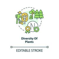 Diversity of plants concept icon. Different trees. Principle of regenerative farming abstract idea thin line illustration. Isolated outline drawing. Editable stroke vector