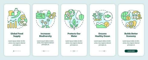 Regenerative food onboarding mobile app screen. Benefits walkthrough 5 steps editable graphic instructions with linear concepts. UI, UX, GUI templated vector