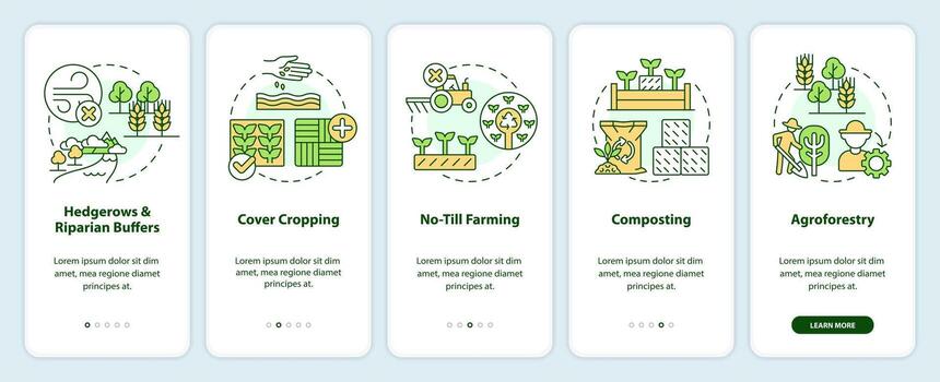 Regenerative agriculture techniques onboarding mobile app screen. Walkthrough 5 steps editable graphic instructions with linear concepts. UI, UX, GUI templated vector
