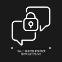 Confidential conversation pixel perfect white linear icon for dark theme. Chat balloons with padlock. Safe communication. Thin line illustration. Isolated symbol for night mode. Editable stroke vector