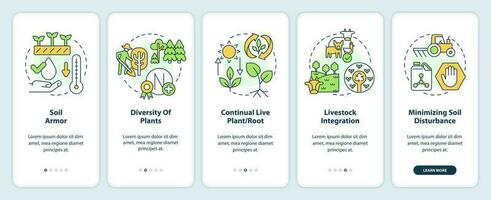 Principles of regenerative farming onboarding mobile app screen. Walkthrough 5 steps editable graphic instructions with linear concepts. UI, UX, GUI templated vector