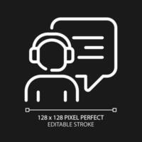 Interact with call centre operator pixel perfect white linear icon for dark theme. Person with headset and speech bubble. Thin line illustration. Isolated symbol for night mode. Editable stroke vector