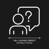 Asking question pixel perfect white linear icon for dark theme. Confused person with speech bubble. Information support service. Thin line illustration. Isolated symbol for night mode. Editable stroke vector