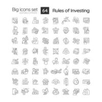 Rules of investment linear icons set. Trading on stock market. Financial strategy. Increase money savings. Customizable thin line symbols. Isolated vector outline illustrations. Editable stroke