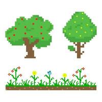 Garden pixel art, trees, grass and flowers of 8 bit vector