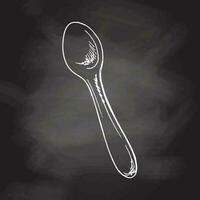Hand drawn vector sketch of a spoon. Doodle vintage illustration isolated on chalkboard background. Engraved image.