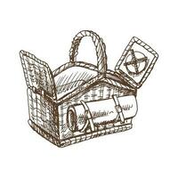 Hand drawn vector sketch of a wicker picnic basket. Doodle vintage illustration. Engraved immage.