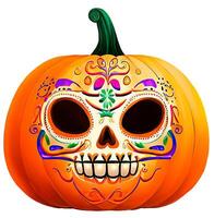 Decorated Halloween pumpkin in the style of Sugar skull isolated on white background. photo