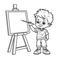 artista chico pintura un lona en caballete colorante página. dibujos animados vector ilustración