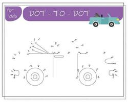 A game with numbers, an educational game from point to point for children, cartoon cars. Vector illustration on a white background.