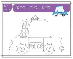 A game with numbers, an educational game from point to point for children, cartoon cars. Vector illustration on a white background.