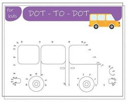 A game with numbers, an educational game from point to point for children, cartoon cars. Vector illustration on a white background.