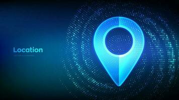 Point of location sign made with binary code. Pointer of map. Gps pointer. Navigation pin point global position system. Virtual tunnel warp made with digital code. Data Flow. Vector Illustration.