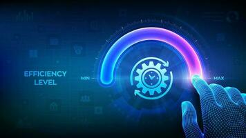 creciente eficiencia nivel. estructura metálica mano es tracción arriba a el máximo posición circulo Progreso bar con el eficiencia icono. desarrollo y crecimiento negocio concepto. vector ilustración.